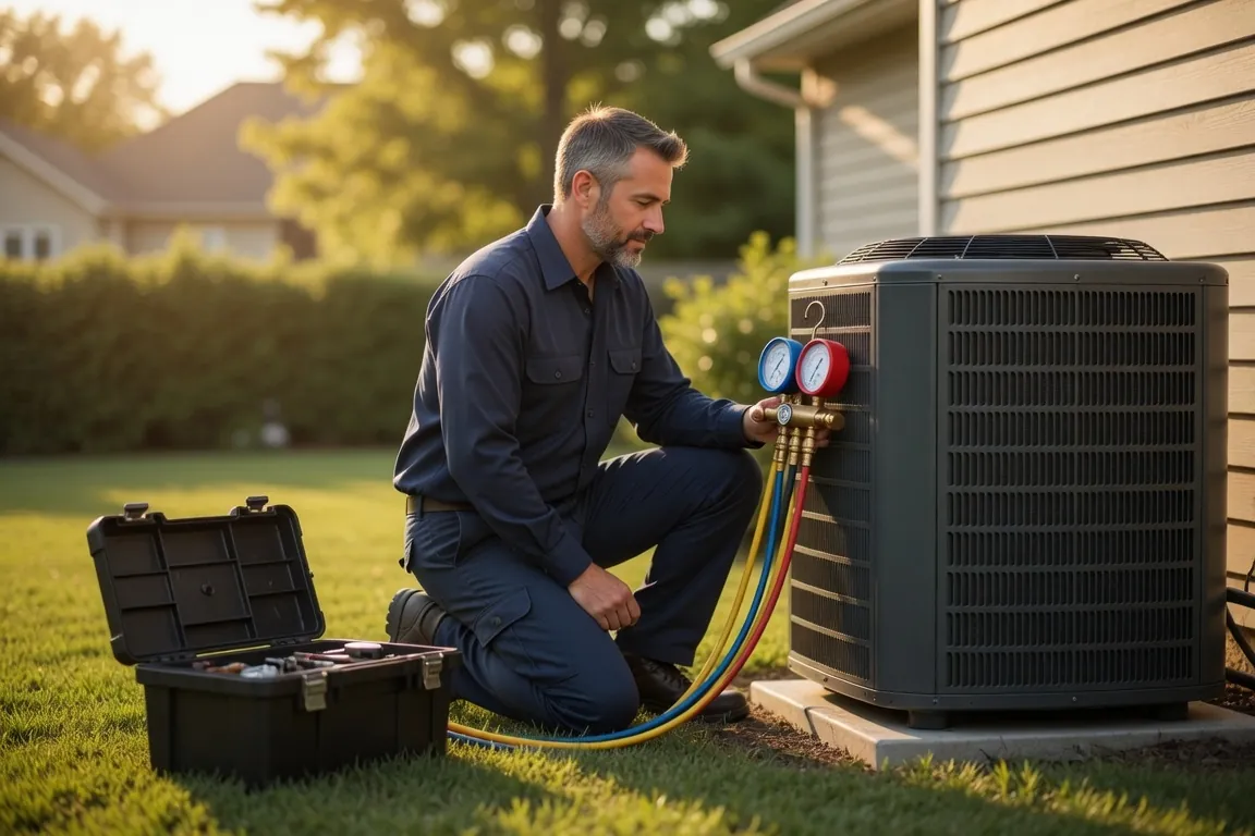 An HVAC technician kneels beside an outdoor AC condenser at golden hour, gauge manifold connected, toolbox open on the lawn