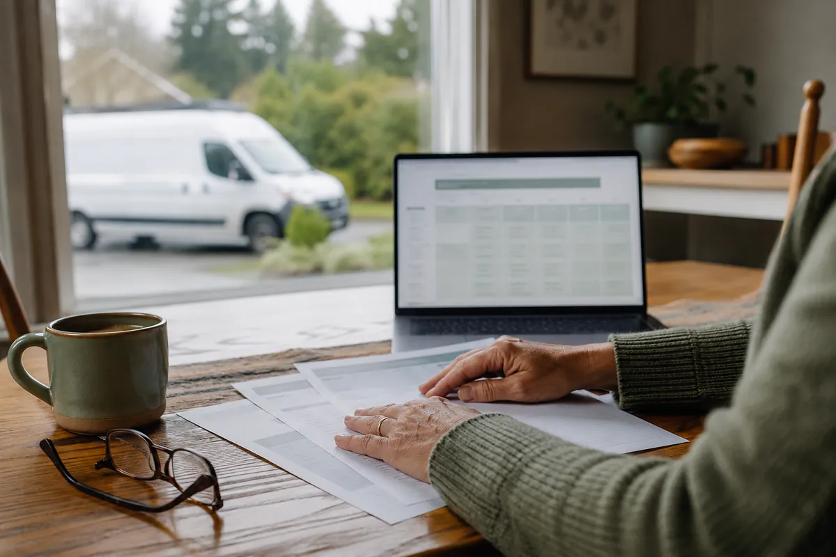 A homeowner at the kitchen table on an overcast morning, comparing home warranty plans on paper and laptop while a repair van waits at the curb