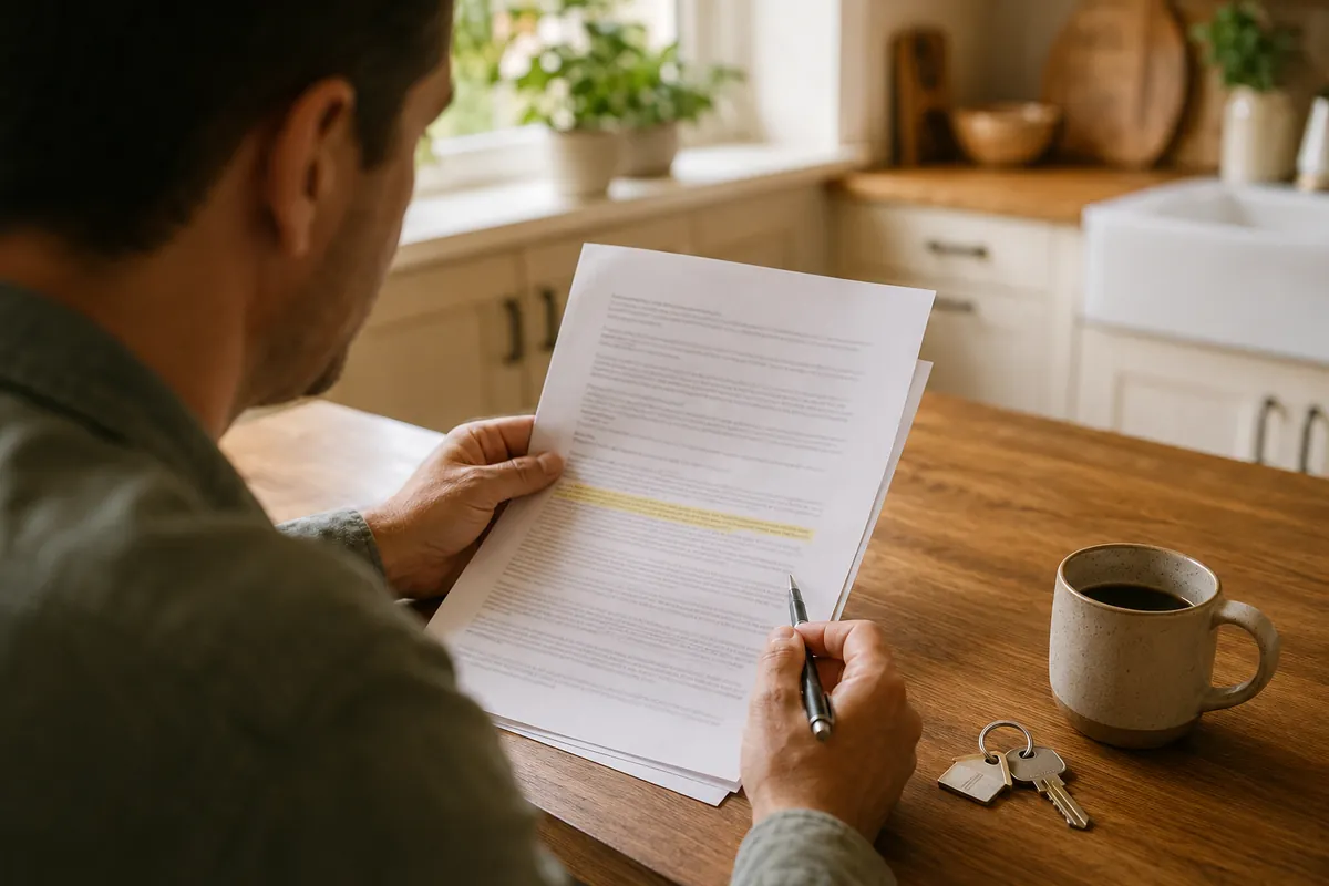 A homeowner reads a printed Choice Home Warranty contract at the kitchen counter, pen in hand