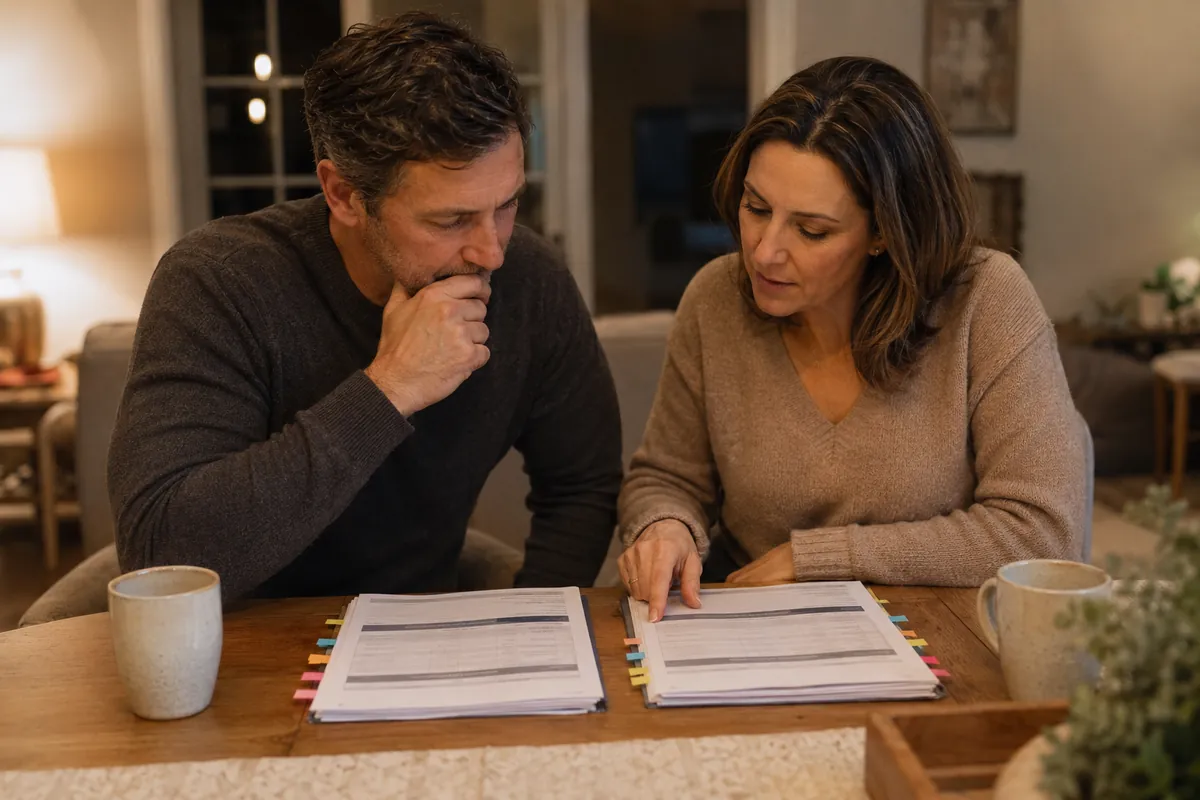 A couple compares two home warranty quote packets side by side at the dining table
