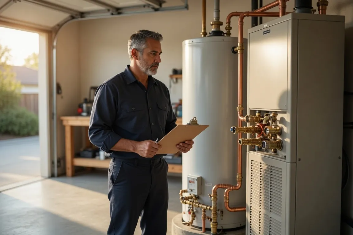 A technician with a clipboard checks a water heater and air handler in a tidy garage