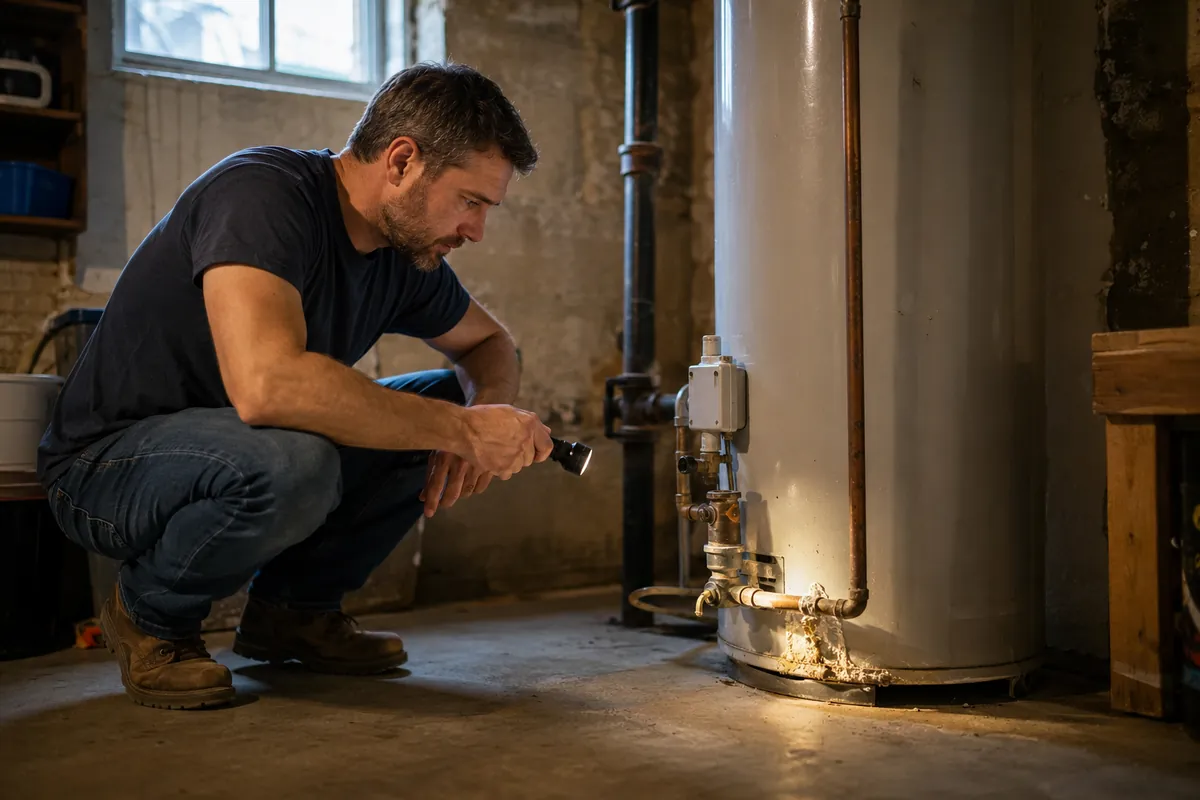 A homeowner inspects the base of an aging water heater with a flashlight in a basement corner