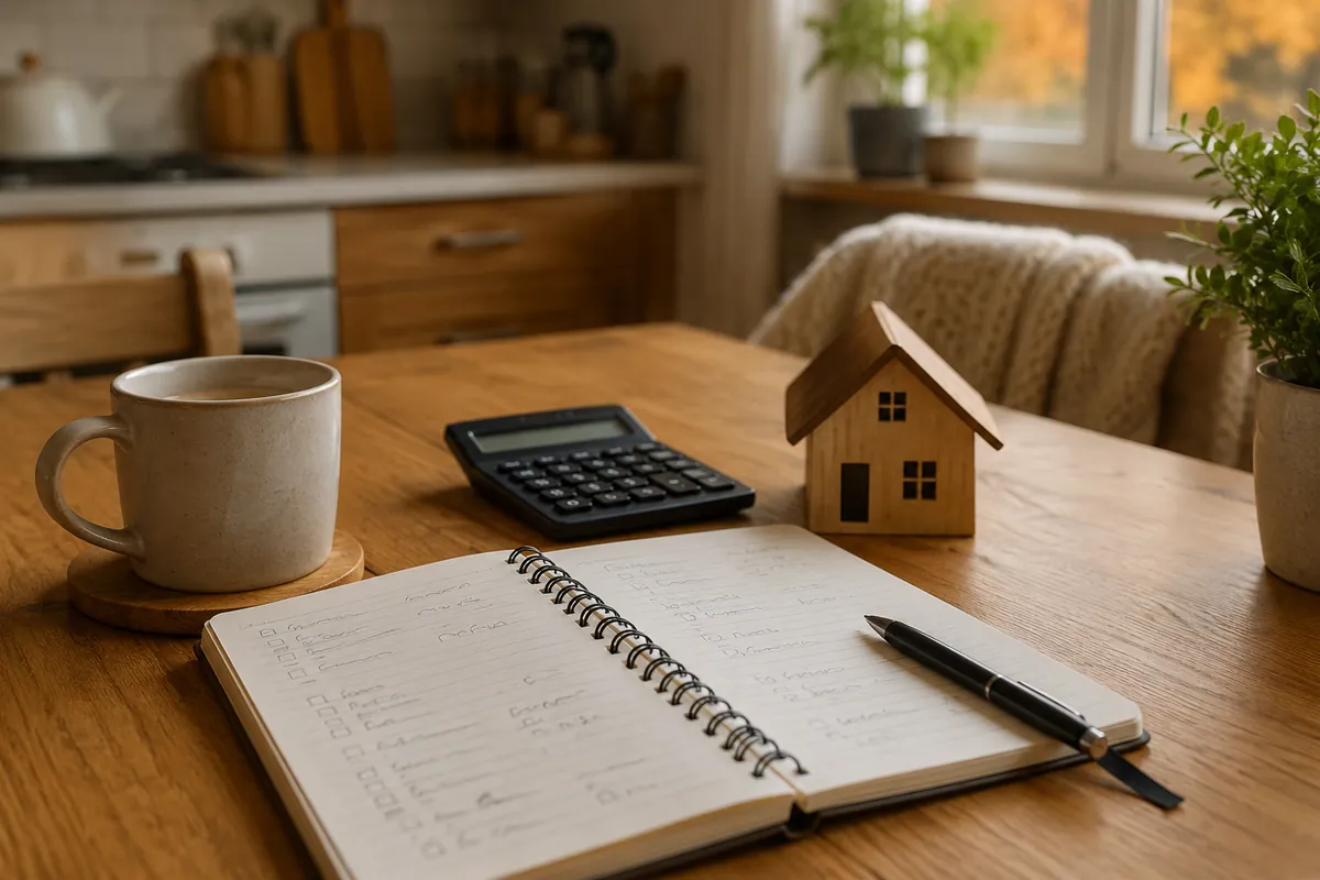 A kitchen table budgeting scene with a notebook, calculator, and small house model in morning light