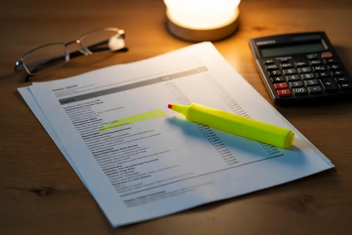 A printed home warranty quote on a desk with highlighter strokes, reading glasses, and a calculator in lamp light