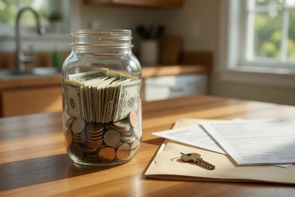 A glass jar of cash savings beside a document folder with a house key on a kitchen table