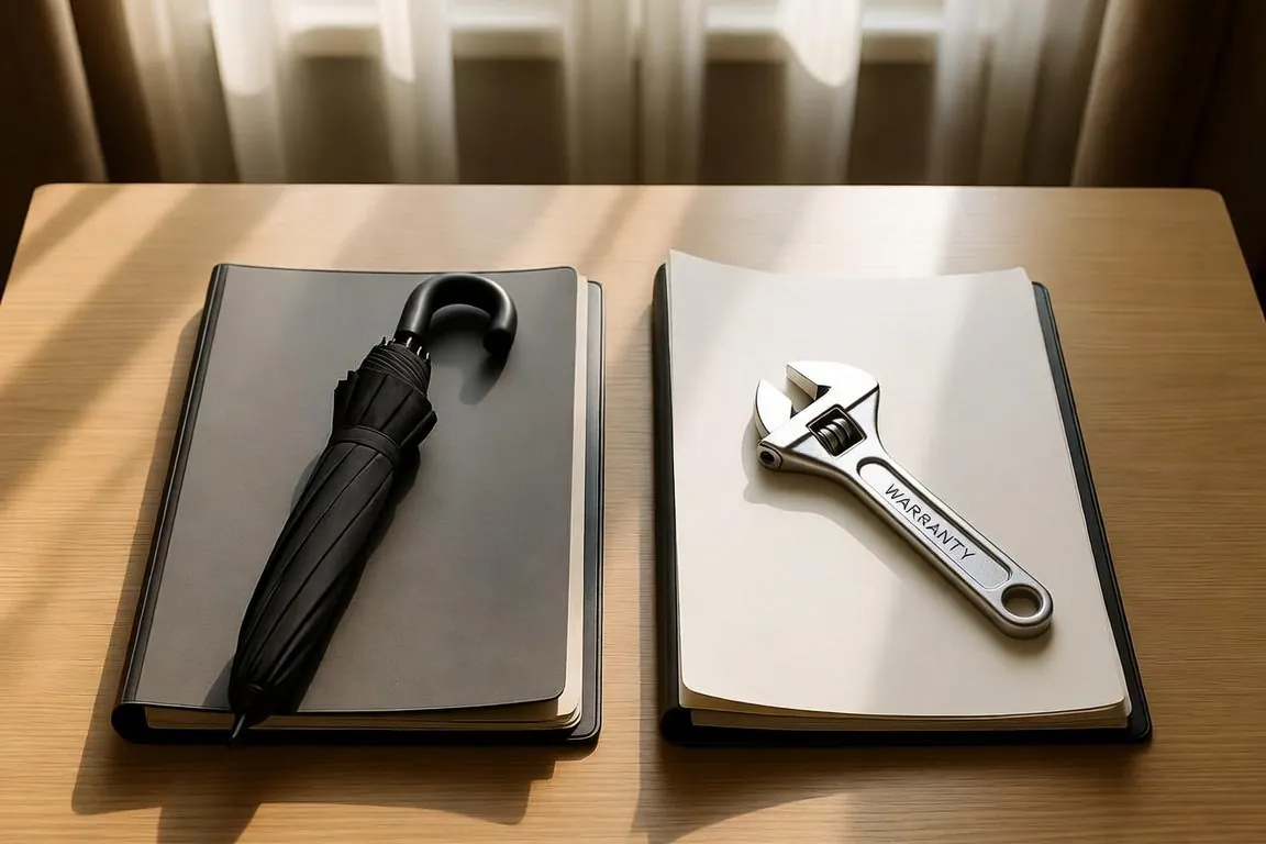 Two folders on a desk, one under a compact umbrella and one under an adjustable wrench