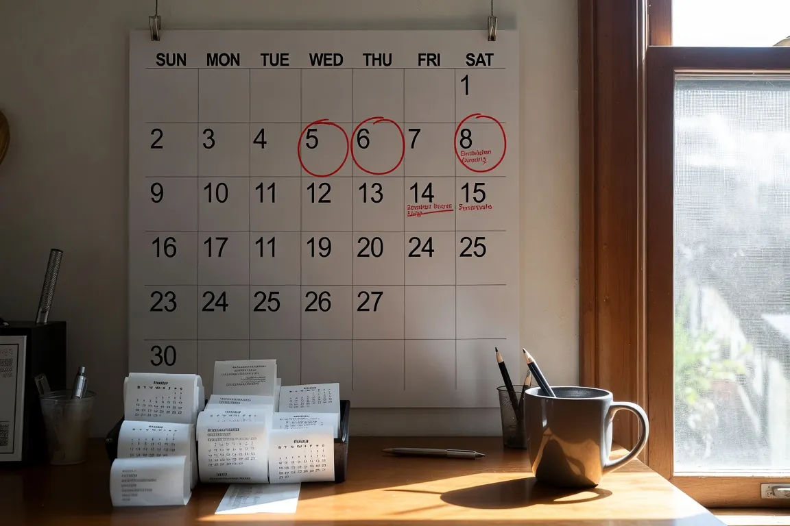 A wall calendar with three service dates circled in red above a desk with stacked receipts